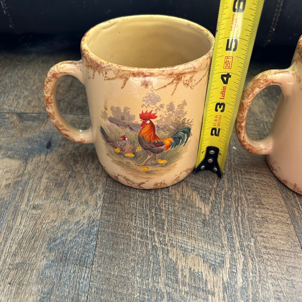 Casey Pottery Marshall Texas Rooster Stoneware Mugs Set of 2 Tan Spongeware Trim - Picture 7 of 8
